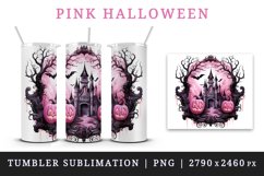 Watercolor Pink Halloween night pumpkins castle haunted house Jack-o-lantern 20 oz tumbler skinny mug wrap clipart t-shirt sublimation printable design