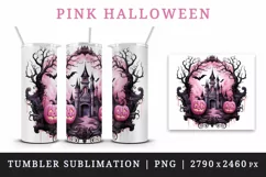 Watercolor Pink Halloween night pumpkins castle haunted house Jack-o-lantern 20 oz tumbler skinny mug wrap clipart t-shirt sublimation printable design