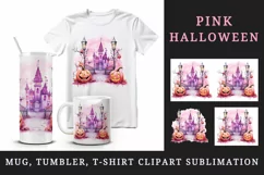 Watercolor Pink Halloween night pumpkins castle haunted house Jack-o-lantern 20oz tumbler skinny mug wrap clipart t-shirt sublimation printable design