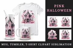 Watercolor Pink Halloween night pumpkins castle haunted house Jack-o-lantern 20oz tumbler skinny mug wrap clipart t-shirt sublimation printable design