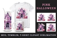 Watercolor Pink Halloween night pumpkins castle haunted house Jack-o-lantern 20oz tumbler skinny mug wrap clipart t-shirt sublimation printable design