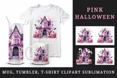 Watercolor Pink Halloween night pumpkins castle haunted house Jack-o-lantern 20oz tumbler skinny mug wrap clipart t-shirt sublimation printable design
