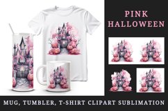 Watercolor Pink Halloween night pumpkins castle haunted house Jack-o-lantern 20oz tumbler skinny mug wrap clipart t-shirt sublimation printable design