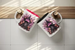 Watercolor Pink Halloween night pumpkins castle haunted house Jack-o-lantern 20oz tumbler skinny mug wrap clipart t-shirt sublimation printable design