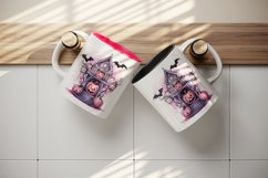 Watercolor Pink Halloween night pumpkins castle haunted house Jack-o-lantern 20oz tumbler skinny mug wrap clipart t-shirt sublimation printable design