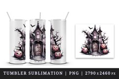Watercolor Pink Halloween night pumpkins castle haunted house Jack-o-lantern 20oz tumbler skinny mug wrap clipart t-shirt sublimation printable design