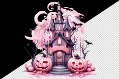 Watercolor Pink Halloween night pumpkins castle haunted house Jack-o-lantern 20oz tumbler skinny mug wrap clipart t-shirt sublimation printable design