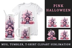 Watercolor Pink Halloween night pumpkins castle haunted house Jack-o-lantern 20oz tumbler skinny mug wrap clipart t-shirt sublimation printable design