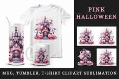 Watercolor Pink Halloween night pumpkins castle haunted house Jack-o-lantern 20oz tumbler skinny mug wrap clipart t-shirt sublimation printable design