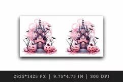 Watercolor Pink Halloween night pumpkins castle haunted house Jack-o-lantern 20oz tumbler skinny mug wrap clipart t-shirt sublimation printable design