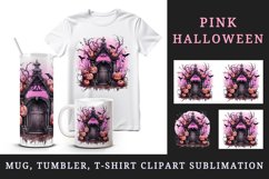 Watercolor Pink Halloween night pumpkins castle haunted house Jack-o-lantern 20oz tumbler skinny mug wrap clipart t-shirt sublimation printable design