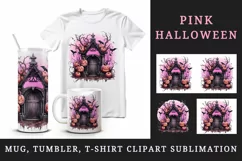 Watercolor Pink Halloween night pumpkins castle haunted house Jack-o-lantern 20oz tumbler skinny mug wrap clipart t-shirt sublimation printable design