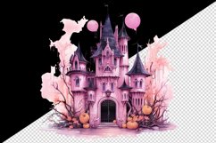 Watercolor Pink Halloween night pumpkins castle haunted house Jack-o-lantern 20oz tumbler skinny mug wrap clipart t-shirt sublimation printable design