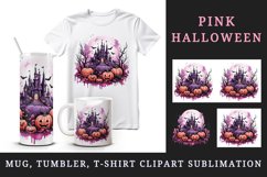 Watercolor Pink Halloween night pumpkins castle haunted house Jack-o-lantern 20oz tumbler skinny mug wrap clipart t-shirt sublimation printable design