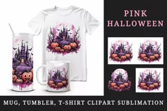 Watercolor Pink Halloween night pumpkins castle haunted house Jack-o-lantern 20oz tumbler skinny mug wrap clipart t-shirt sublimation printable design