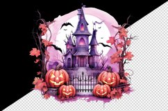 Watercolor Pink Halloween night pumpkins castle haunted house Jack-o-lantern 20oz tumbler skinny mug wrap clipart t-shirt sublimation printable design