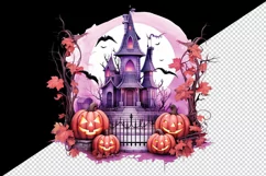 Watercolor Pink Halloween night pumpkins castle haunted house Jack-o-lantern 20oz tumbler skinny mug wrap clipart t-shirt sublimation printable design
