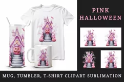 Watercolor Pink Halloween night pumpkins castle haunted house Jack-o-lantern 20oz tumbler skinny mug wrap clipart t-shirt sublimation printable design
