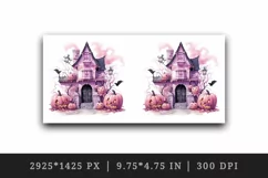 Watercolor Pink Halloween night pumpkins castle haunted house Jack-o-lantern 20oz tumbler skinny mug wrap clipart t-shirt sublimation printable design