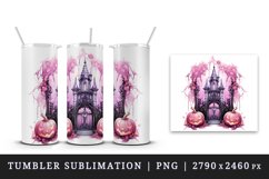 Watercolor Pink Halloween night pumpkins castle haunted house Jack-o-lantern 20oz tumbler skinny mug wrap clipart t-shirt sublimation printable design
