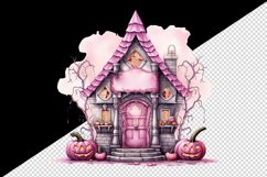 Watercolor Pink Halloween night pumpkins castle haunted house Jack-o-lantern 20oz tumbler skinny mug wrap clipart t-shirt sublimation printable design