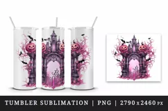 Watercolor Pink Halloween night pumpkins castle haunted house Jack-o-lantern 20oz tumbler skinny mug wrap clipart t-shirt sublimation printable design