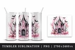 Watercolor Pink Halloween night pumpkins castle haunted house Jack-o-lantern 20oz tumbler skinny mug wrap clipart t-shirt sublimation printable design