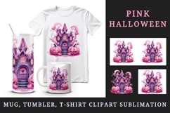 Watercolor Pink Halloween night pumpkins castle haunted house Jack-o-lantern 20oz tumbler skinny mug wrap clipart t-shirt sublimation printable design