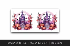 Watercolor Pink Halloween night pumpkins castle haunted house Jack-o-lantern 20oz tumbler skinny mug wrap clipart t-shirt sublimation printable design