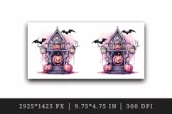 Watercolor Pink Halloween night pumpkins castle haunted house Jack-o-lantern 20oz tumbler skinny mug wrap clipart t-shirt sublimation printable design