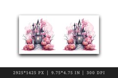 Watercolor Pink Halloween night pumpkins castle haunted house Jack-o-lantern 20oz tumbler skinny mug wrap clipart t-shirt sublimation printable design