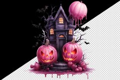 Watercolor Pink Halloween night pumpkins castle haunted house Jack-o-lantern 20oz tumbler skinny mug wrap clipart t-shirt sublimation printable design