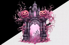 Watercolor Pink Halloween night pumpkins castle haunted house Jack-o-lantern 20oz tumbler skinny mug wrap clipart t-shirt sublimation printable design