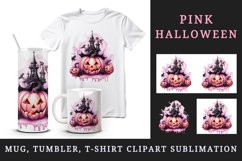 Watercolor Pink Halloween night pumpkins castle haunted house Jack-o-lantern 20oz tumbler skinny mug wrap clipart t-shirt sublimation printable design