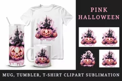 Watercolor Pink Halloween night pumpkins castle haunted house Jack-o-lantern 20oz tumbler skinny mug wrap clipart t-shirt sublimation printable design
