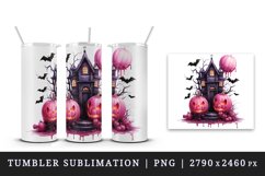 Watercolor Pink Halloween night pumpkins castle haunted house Jack-o-lantern 20oz tumbler skinny mug wrap clipart t-shirt sublimation printable design