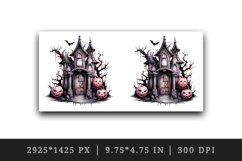 Watercolor Pink Halloween night pumpkins castle haunted house Jack-o-lantern 20oz tumbler skinny mug wrap clipart t-shirt sublimation printable design