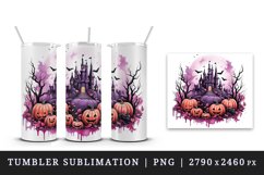 Watercolor Pink Halloween night pumpkins castle haunted house Jack-o-lantern 20oz tumbler skinny mug wrap clipart t-shirt sublimation printable design