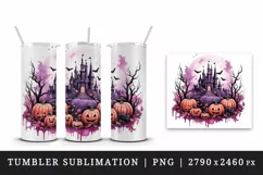Watercolor Pink Halloween night pumpkins castle haunted house Jack-o-lantern 20oz tumbler skinny mug wrap clipart t-shirt sublimation printable design