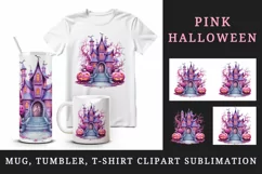 Watercolor Pink Halloween night pumpkins castle haunted house Jack-o-lantern 20oz tumbler skinny mug wrap clipart t-shirt sublimation printable design