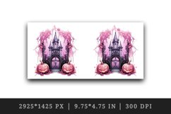 Watercolor Pink Halloween night pumpkins castle haunted house Jack-o-lantern 20oz tumbler skinny mug wrap clipart t-shirt sublimation printable design
