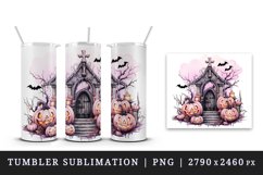 Watercolor Pink Halloween night pumpkins castle haunted house Jack-o-lantern 20oz tumbler skinny mug wrap clipart t-shirt sublimation printable design