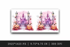 Watercolor Pink Halloween night pumpkins castle haunted house Jack-o-lantern 20oz tumbler skinny mug wrap clipart t-shirt sublimation printable design