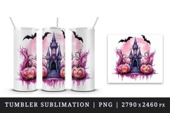 Watercolor Pink Halloween night pumpkins castle haunted house Jack-o-lantern 20oz tumbler skinny mug wrap clipart t-shirt sublimation printable design