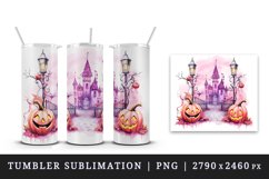 Watercolor Pink Halloween night pumpkins castle haunted house Jack-o-lantern 20oz tumbler skinny mug wrap clipart t-shirt sublimation printable design