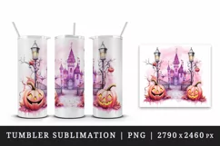 Watercolor Pink Halloween night pumpkins castle haunted house Jack-o-lantern 20oz tumbler skinny mug wrap clipart t-shirt sublimation printable design