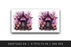 Watercolor Pink Halloween night pumpkins castle haunted house Jack-o-lantern 20oz tumbler skinny mug wrap clipart t-shirt sublimation printable design