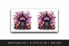 Watercolor Pink Halloween night pumpkins castle haunted house Jack-o-lantern 20oz tumbler skinny mug wrap clipart t-shirt sublimation printable design