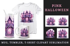 Watercolor Pink Halloween night pumpkins castle haunted house Jack-o-lantern 20oz tumbler skinny mug wrap clipart t-shirt sublimation printable design