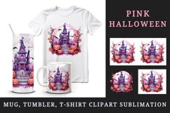 Watercolor Pink Halloween night pumpkins castle haunted house Jack-o-lantern 20oz tumbler skinny mug wrap clipart t-shirt sublimation printable design